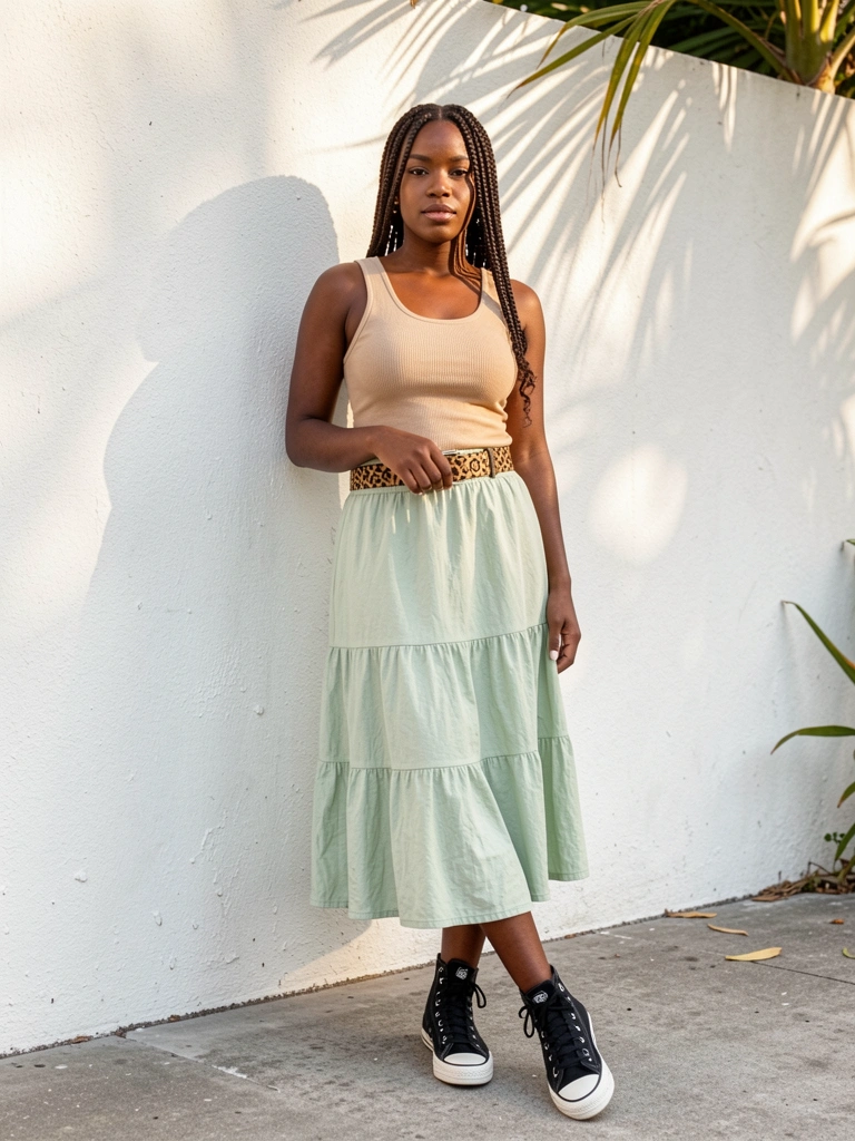 Mulher negra de tranças, camiseta bege, cinto de oncinha Gucci, saia midi verde-claro e tênis preto, contra parede de concreto branco com luz natural quente.