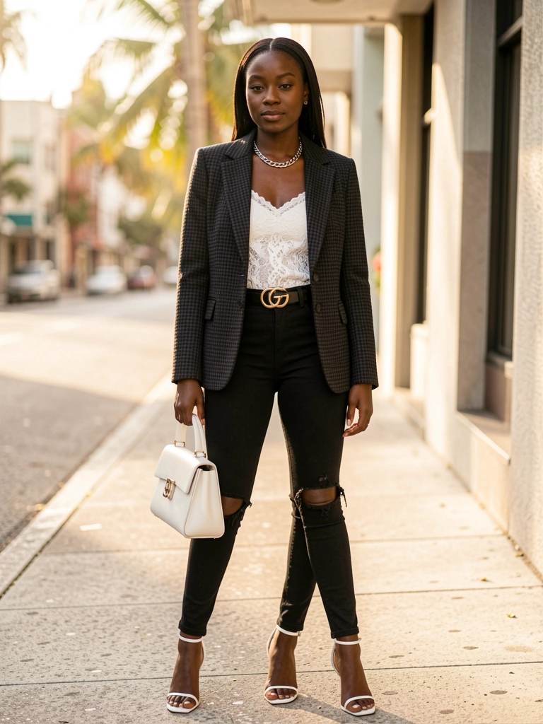 Mulher negra de blazer xadrez houndstooth, camiseta rendada branca e calça jeans rasgada, segurando bolsa Chanel branca, com cinto Gucci e colar de prata, fundo de rua desfocada sob luz natural.