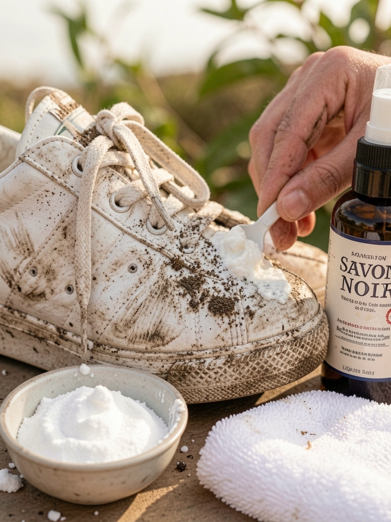 Tênis branco sujo sendo limpo com pasta de bicarbonato e Savon Noir líquido, luz natural e fundo com folhagens.