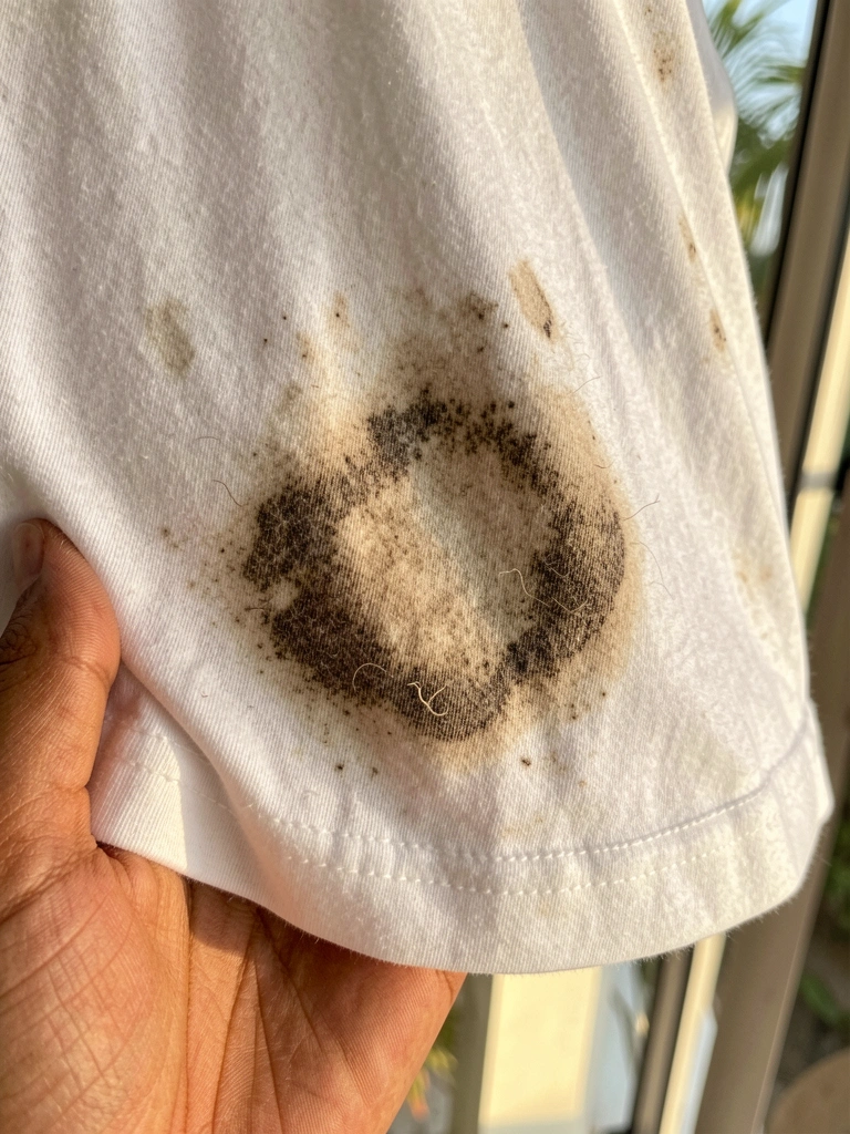Camiseta branca de algodão com manchas marrons e bege na parte frontal inferior, tecido texturizado, mão segurando a área manchada, luz natural e janela ao fundo.