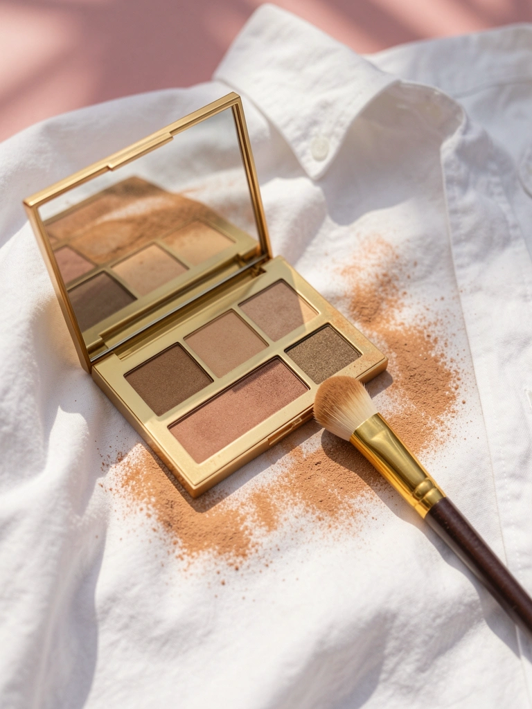 Paleta de sombras dourada e pincel sobre camisa branca amassada, com pó bronze espalhado e fundo rosa suave.