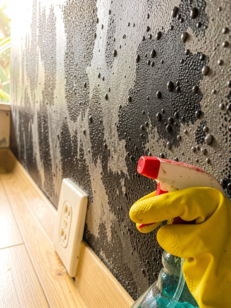 Close extremo de mofo escuro texturizado em parede pintada, com gotículas brilhantes, luva amarela sobre spray de limpeza, chão de madeira clara e tomada ao fundo, luz natural difusa.