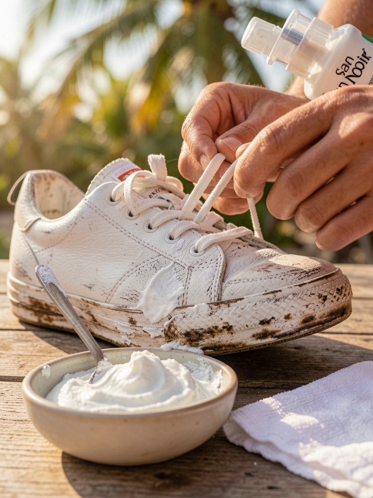 Tênis branco desgastado com cadarços amarrados, pasta de bicarbonato em tigela pequena e frasco de Savon Noir, luz natural e fundo tropical desfocado.