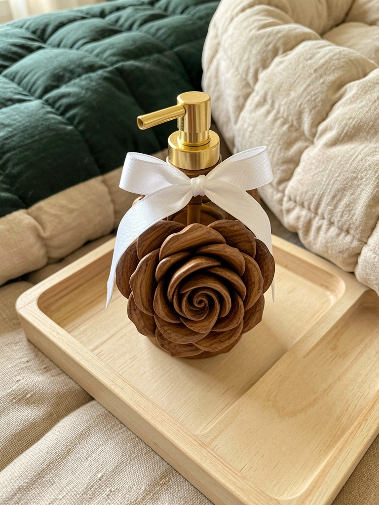 Frasco difusor de madeira com bico dourado e laço branco sobre bandeja bege em almofada de linho, colcha verde escura ao fundo, luz natural suave.