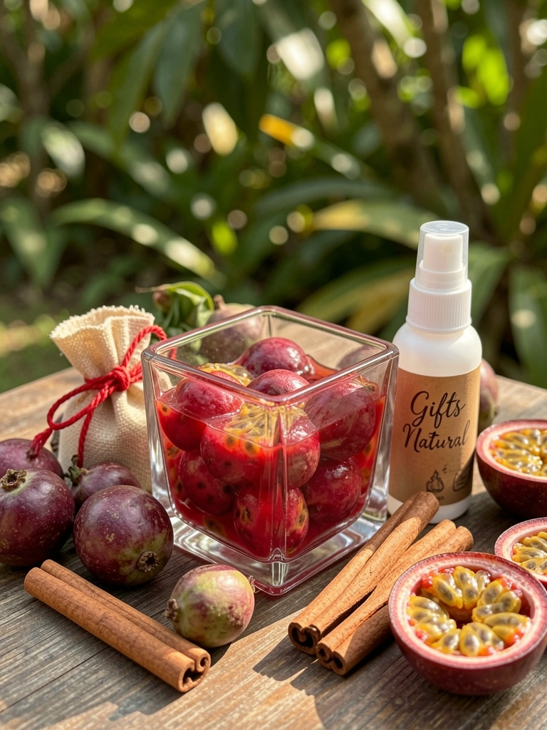 Cubo de vidro com maracujá vermelho, cercado por frutas, paus de canela e saquinho decorativo com barbante, sobre fundo verde desfocado com luz solar salpicada.