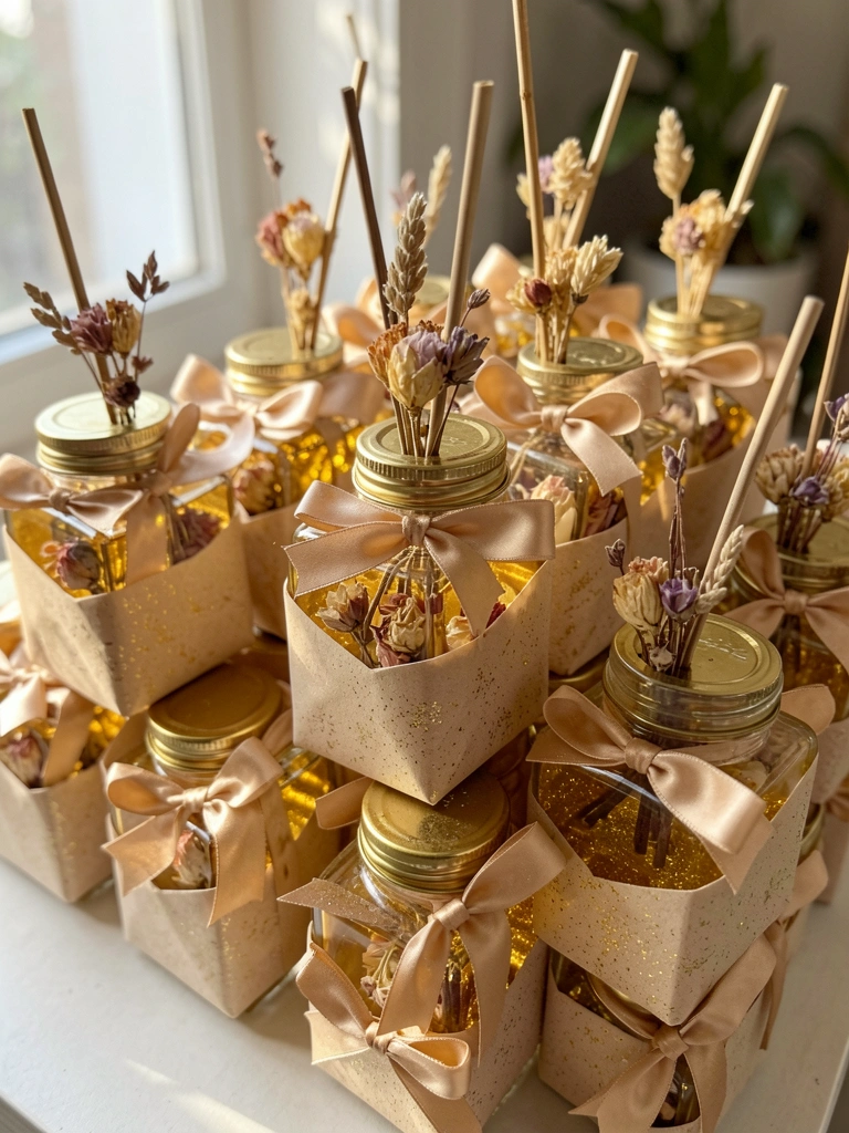 Dezenas de frascos quadrados de vidro com tampa dourada, laço de cetim e líquido dourado com flores secas, empilhados sobre papel bege com glitter, luz natural suave.