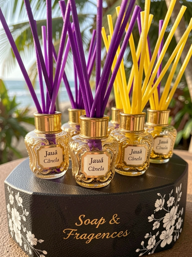 Conjunto de difusor dourado com frascos de vidro ornamentados e varetas roxas e amarelas sobre caixa preta com detalhes florais brancos, luz natural tropical.