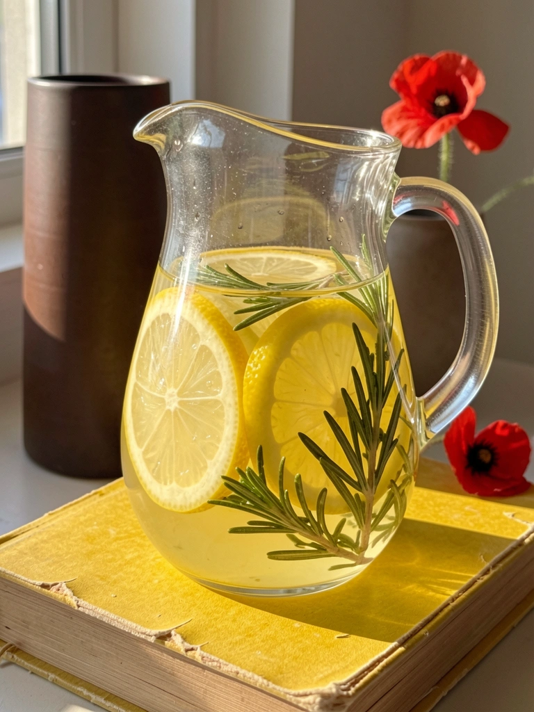 Jarro de vidro claro com limonada amarela, fatias de limão e ramos de alecrim, sobre livro amarelo gasto, vaso marrom e papoula vermelha ao fundo, luz natural.
