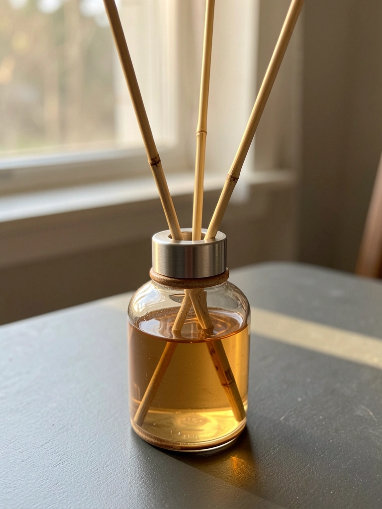 Difusor de cerâmica com líquido âmbar e varetas de bambu sobre mesa cinza escura, luz natural suave ao fundo.