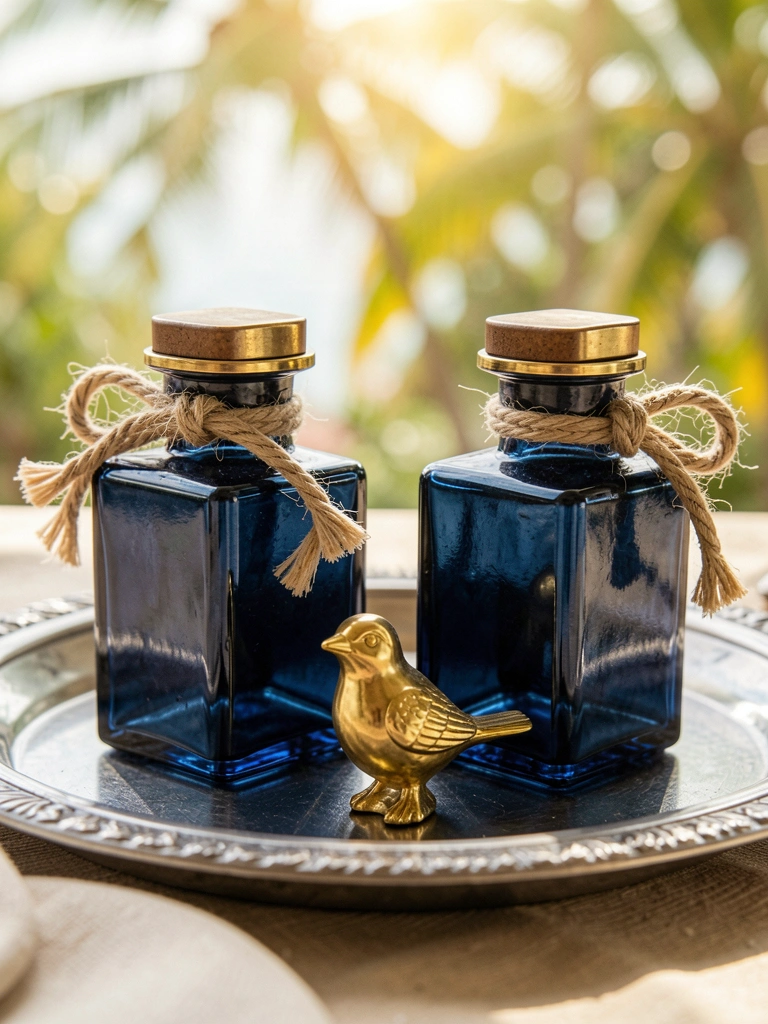 Frascos difusores azuis escuros com detalhes dourados e barbante sobre bandeja prateada, pássaro dourado entre eles, luz natural suave e fundo tropical.