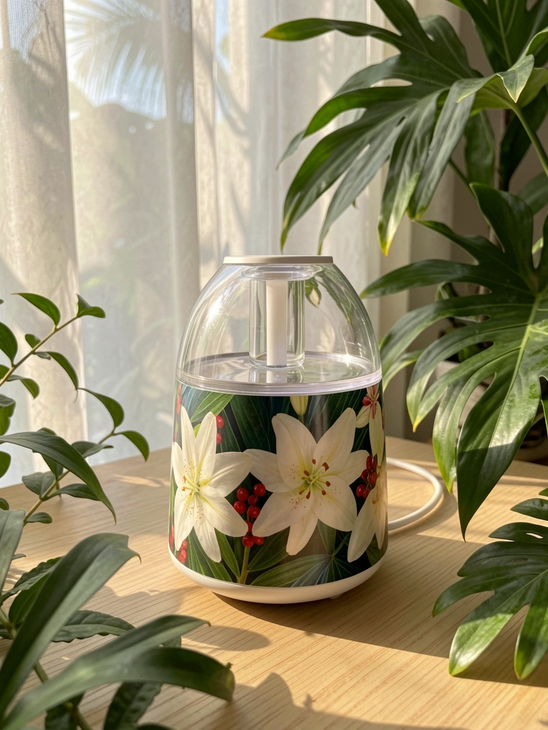 Difusor elétrico com design floral de lírios brancos e frutas vermelhas, sobre mesa de madeira clara, luz natural filtrada por cortina translúcida.