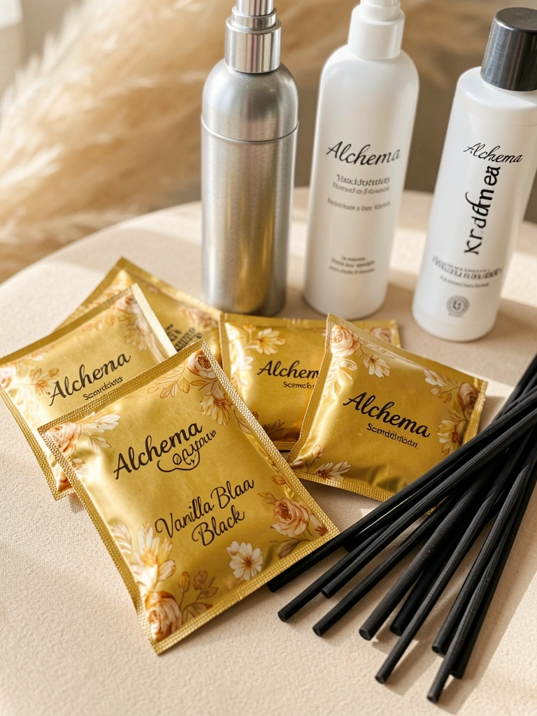 Sachês dourados com estampa floral e difusores de vareta pretos sobre superfície bege clara, frasco prateado e loção branca ao fundo, luz natural suave.