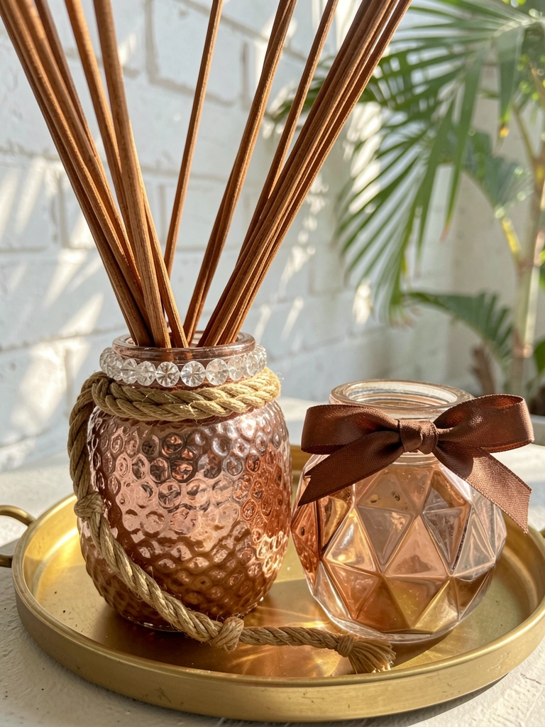 Difusor de varetas marrons em jarro rosa-dourado texturizado com tampa de cristal e laço de fita, sobre bandeja dourada, luz natural suave.