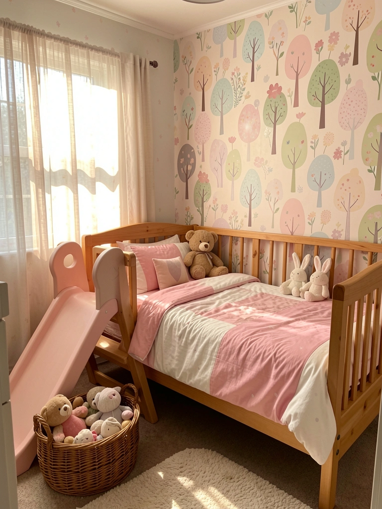 Cama de solteiro com edredom rosa e branco, corrimão de madeira e escorregador lúdico; papel de parede com árvores e flores pastéis; cesto de vime com bichos de pelúcia no chão.