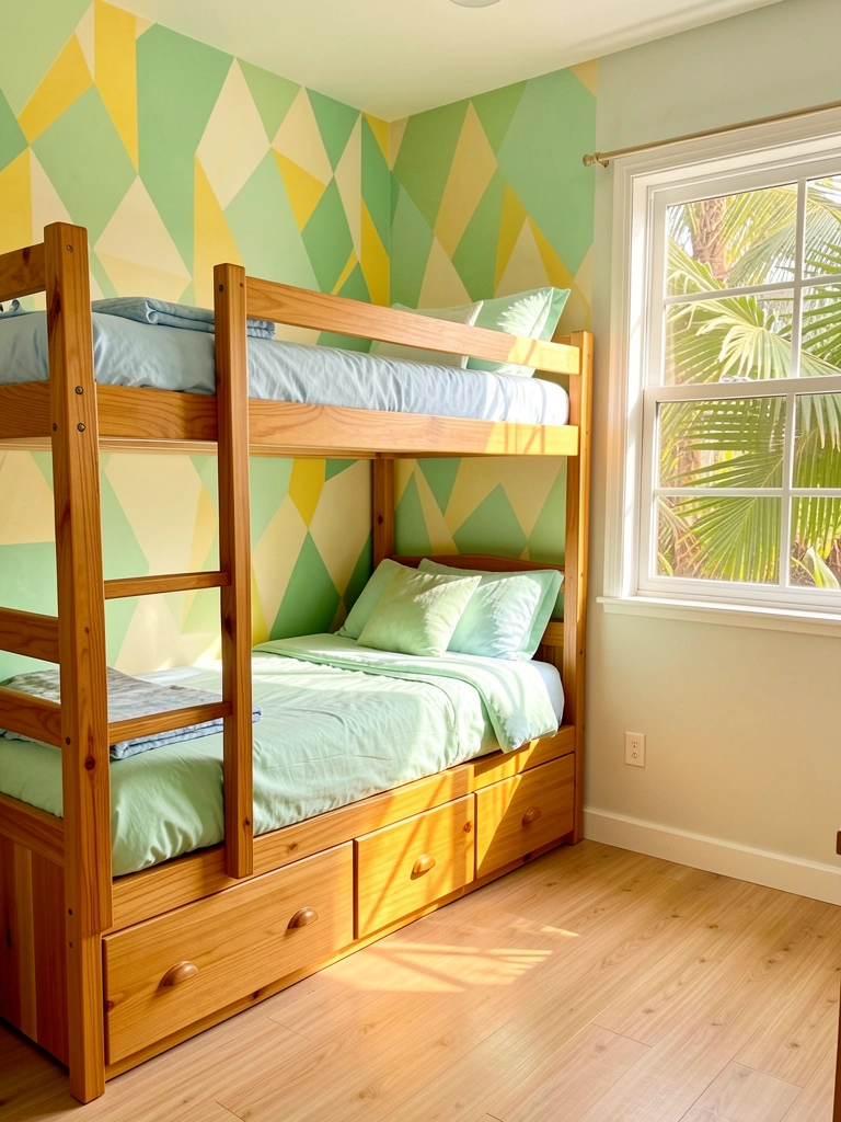 Beliche de madeira com gavetas integradas, roupa de cama azul claro e verde menta, parede com padrão geométrico verde e amarelo, luz natural entrando pela janela de vidro.