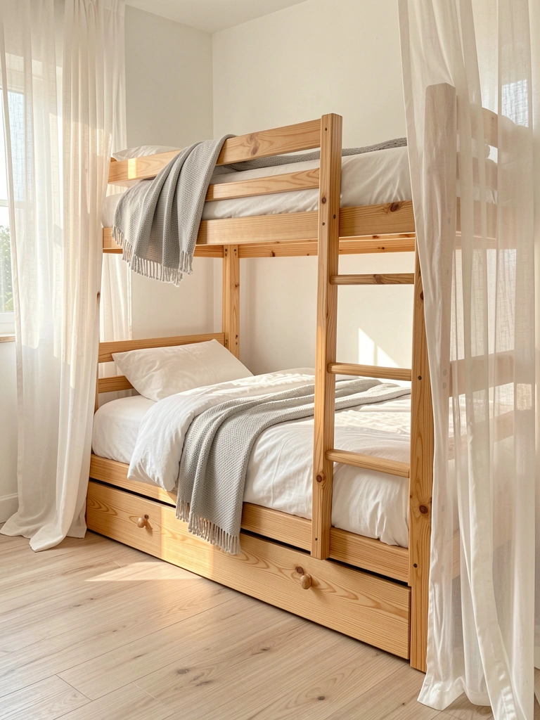 Beliche de madeira clara com gaveta embaixo, lençol branco e manta cinza, luz natural filtrada por cortinas fluidas.