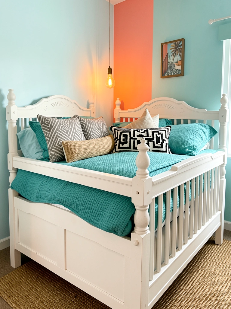 Cama de madeira branca de dois níveis com colcha azul-petróleo texturizada, travesseiros estampados e luminária com lâmpada acesa, parede com gradiente azul-claro, coral e petróleo.
