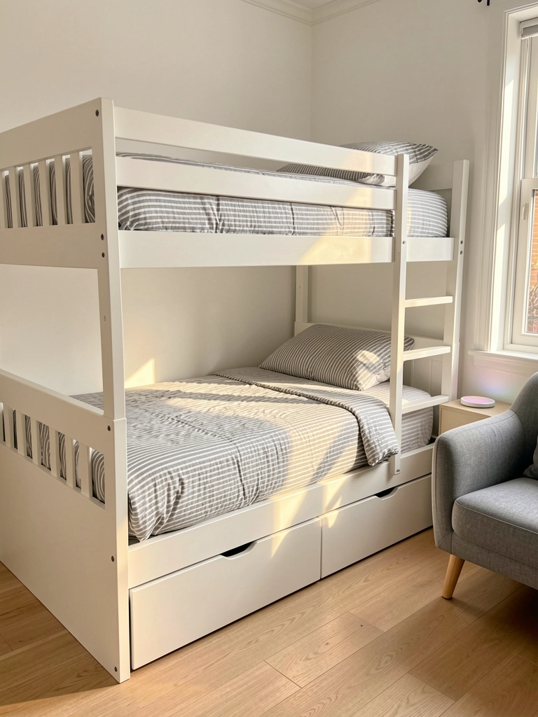 Beliche branco com roupa de cama listrada cinza e branca, gaveta embaixo, poltrona cinza ao lado, luz natural entrando pela janela.