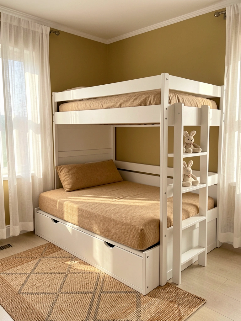 Beliche branco com gavetas e prateleira integrada, sofá-cama bege embaixo, coelho de pelúcia na prateleira, luz natural filtrada por cortinas.
