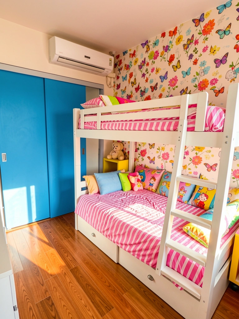 Quarto infantil com cama beliche branca, papel de parede floral com borboletas e edredom listrado rosa e branco, luz natural entrando pela janela.