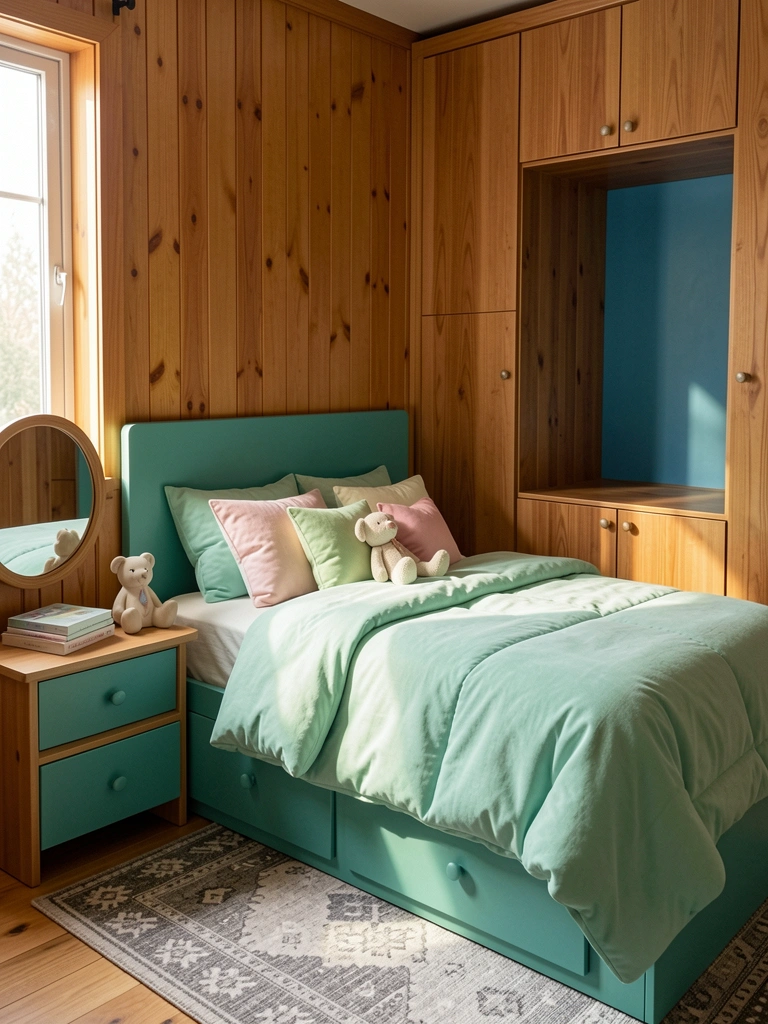Cama teal com gavetas embutidas, colcha verde-menta e almofadas pastel, luz natural entrando por janela em quarto de madeira.