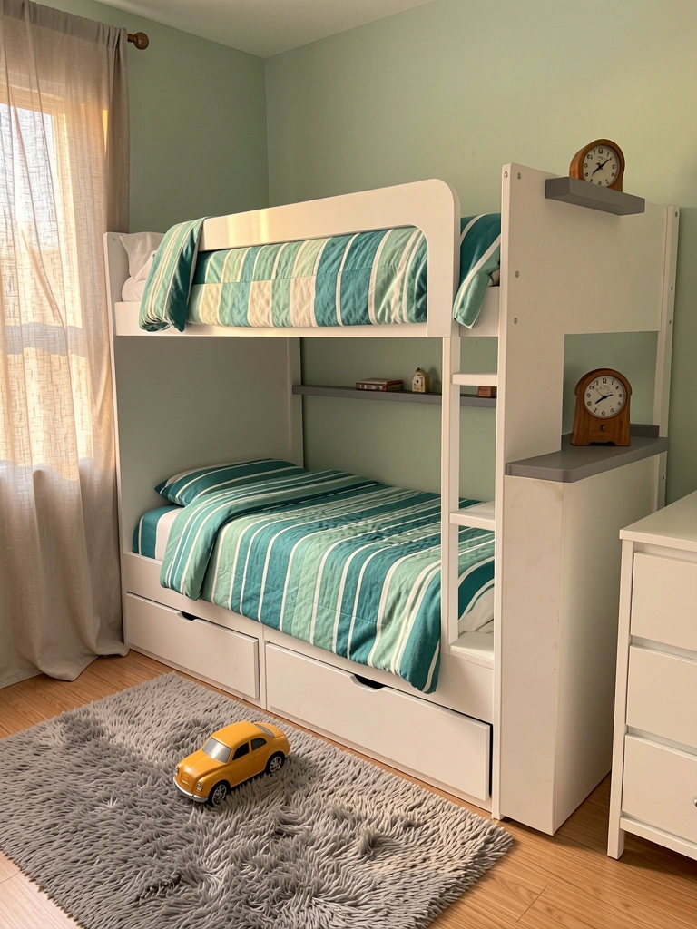 Beliche branco com nichos e gavetas, cama forrada com colcha listrada verde-água e branca, carrinho de brinquedo no tapete felpudo cinza, luz natural entrando pela janela.