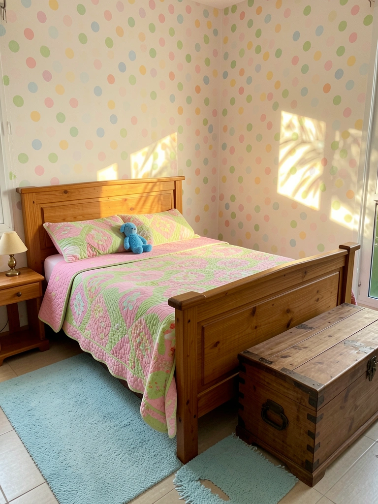 Cama de madeira com colcha rosa e verde, ursinho azul e tapete azul claro, baú vintage aos pés, papel de parede de bolinhas pastel e luz natural.