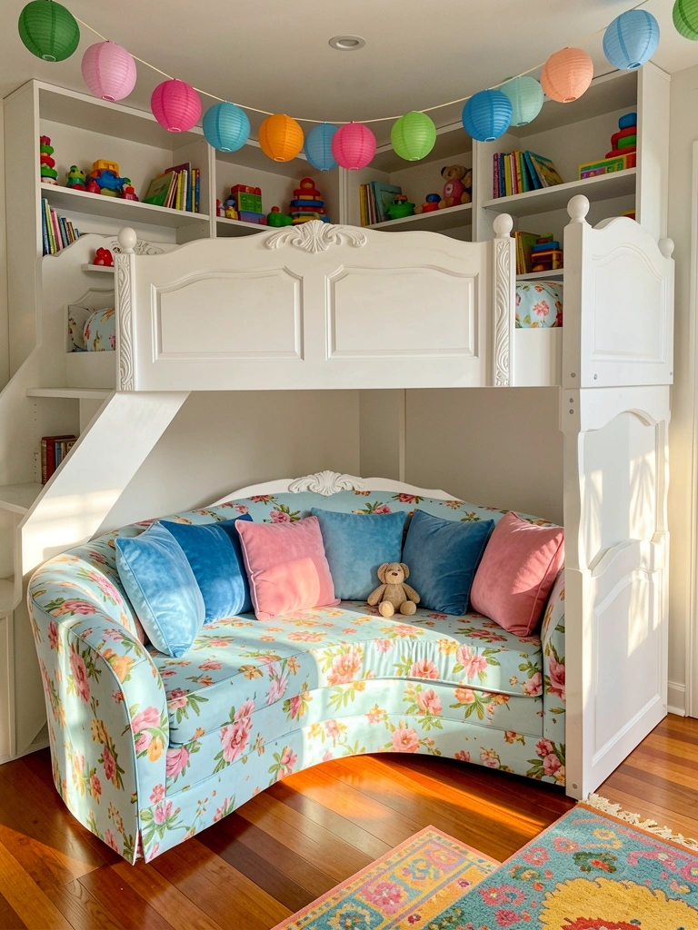 Beliche branco com detalhes entalhados, sofá curvo estampado floral, prateleiras com livros e brinquedos, luz natural suave e piso de madeira.