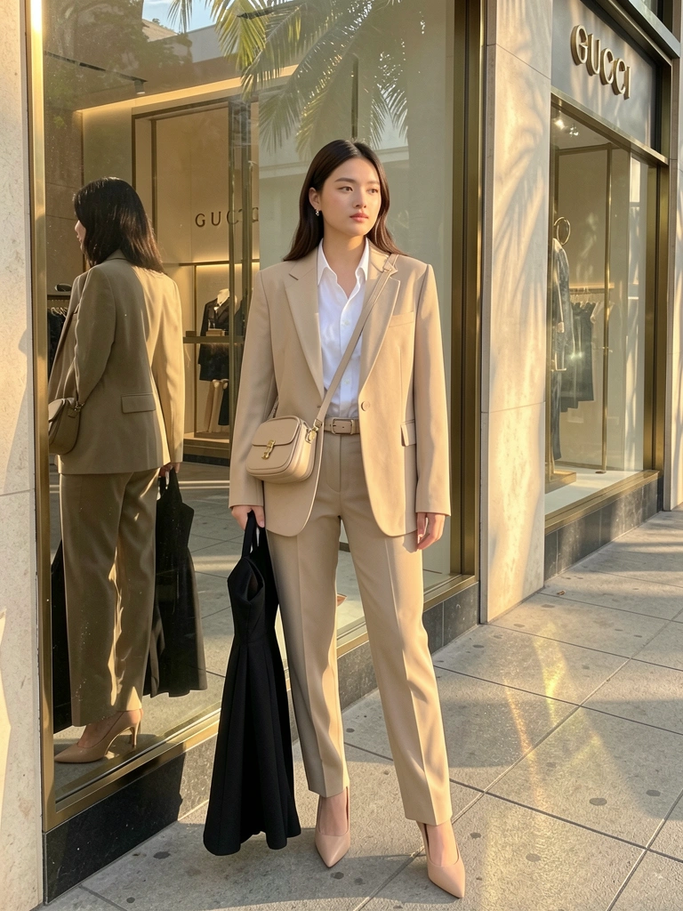 Mulher de blazer bege oversized e camisa branca segura vestido preto em calçada, com reflexo de vitrine mostrando loja Gucci ao fundo, luz natural quente.