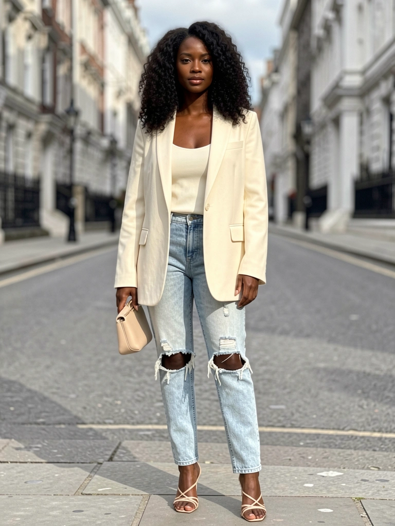 Mulher negra de cabelos ondulados volumosos usando blazer creme oversized, jeans desbotado com rasgo no joelho e sandálias de tiras, segurando clutch bege em rua cinza de Londres.