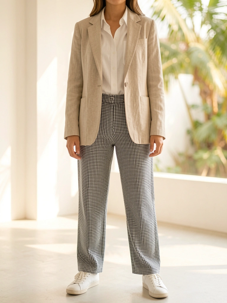 Blazer de linho bege aberto sobre camisa branca, calça xadrez preta e branca e tênis branco, luz natural suave ao fundo.
