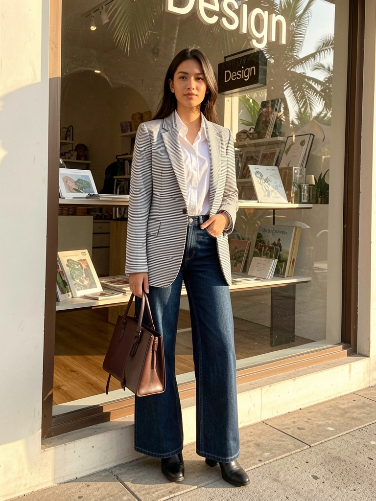 Mulher em blazer listrado e calça jeans wide-leg segurando bolsa de couro, refletida em vitrine com placa 