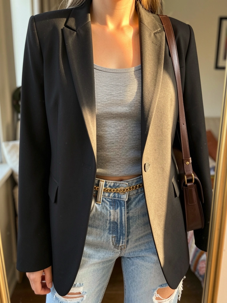 Blazer preto com leve brilho sobre regata cinza e jeans azul claro desbotado, cinto dourado e bolsa marrom, luz natural e espelho ao fundo.
