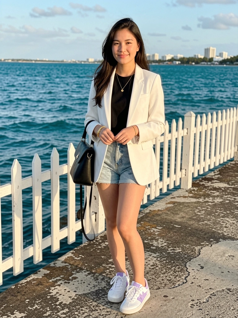 Jovem de blazer branco e shorts jeans em píer de concreto, mar azul e cidade ao fundo, luz natural do dia.