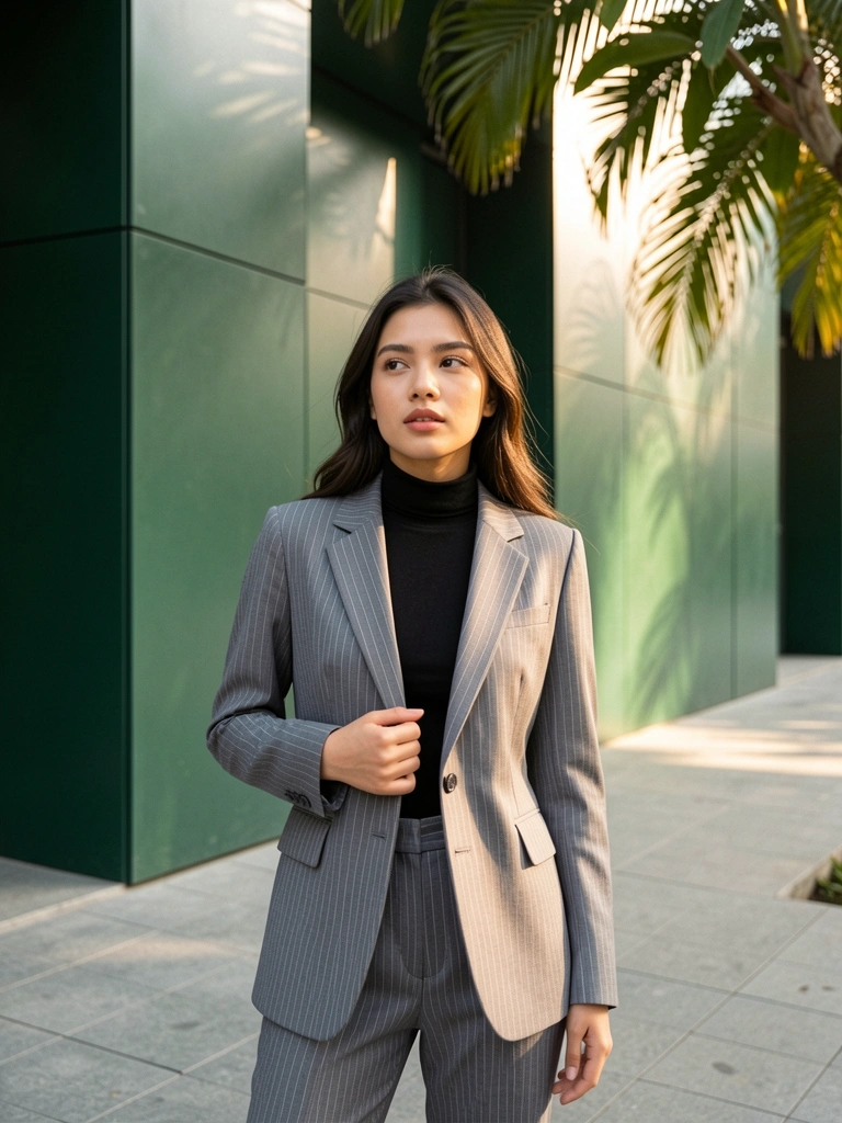 Jovem de blazer cinza listrado e calça social, mão na lapela, fundo de prédio com painéis verdes escuros e calçada cinza, luz natural filtrada por folhas.