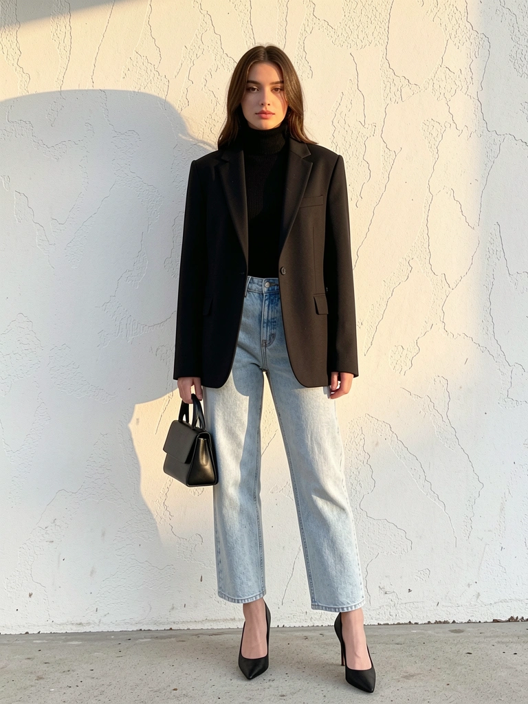 Mulher com blazer preto, gola alta, jeans claros e scarpins, segurando bolsa preta, parede texturizada branca com luz natural.