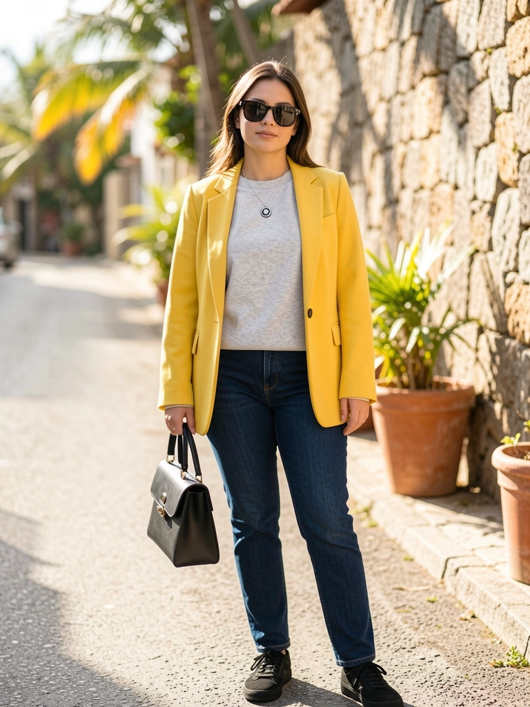 Mulher de moletom cinza, blazer amarelo e calça jeans em rua ensolarada com muro de pedra e plantas
