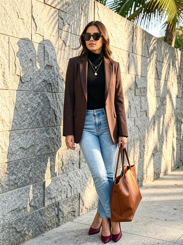 Jovem com blazer marrom-escuro, gola rulê preta, jeans azul claro e bolsa de couro marrom, encostada em muro de pedra cinza com luz natural.