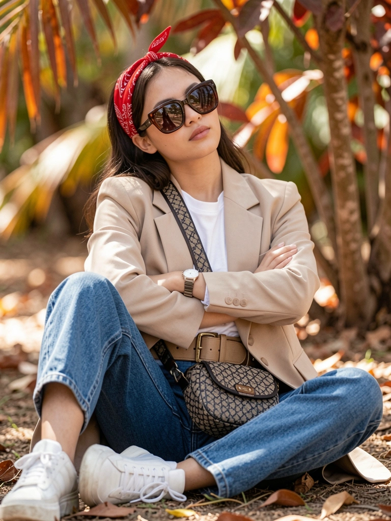 Mulher com bandana vermelha e óculos escuros, sentada no chão com blazer bege e cinto largo, bolsa estampada e relógio no pulso, luz natural filtrada por folhagem desfocada.