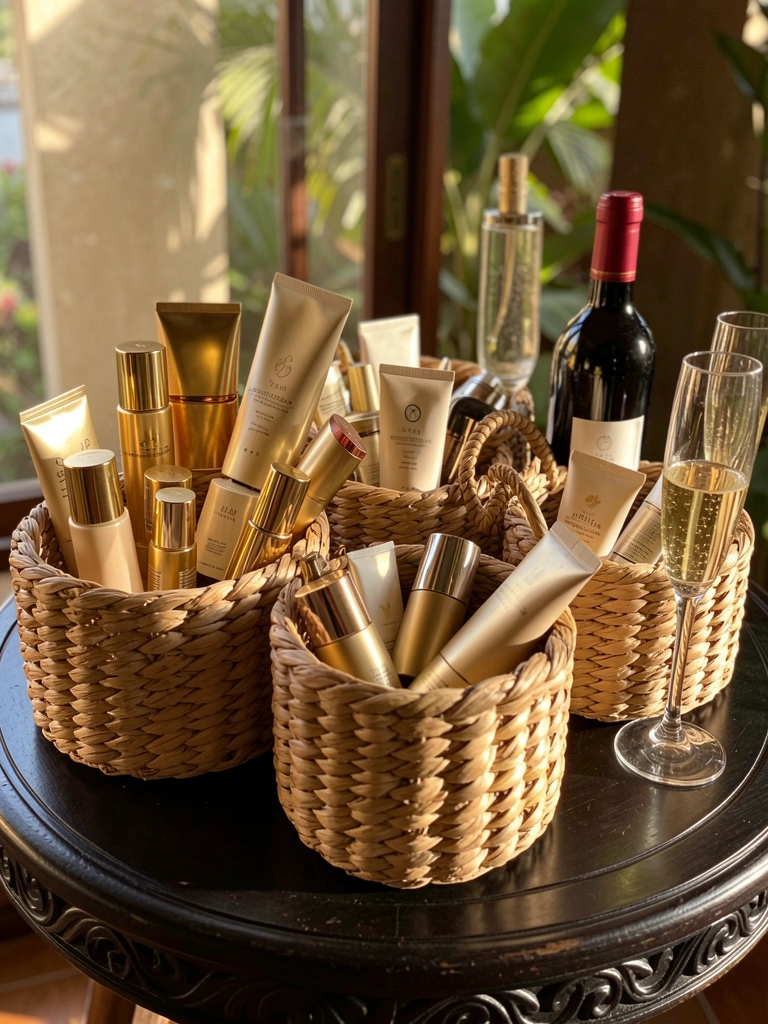 Cestos de vime trançado com frascos dourados de skincare, garrafa de vinho tinto e taças sobre mesa redonda escura, luz natural da tarde.