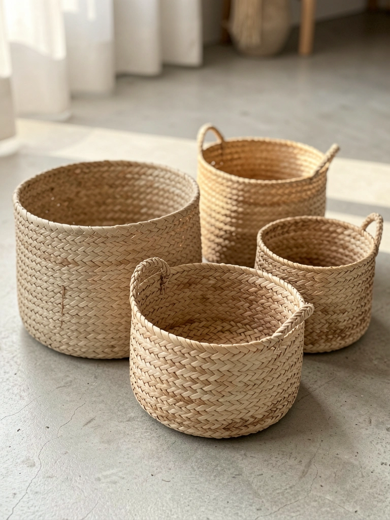 Cestos de palha trançados em diferentes tamanhos sobre piso de concreto cinza, iluminação natural suave e fundo levemente desfocado.