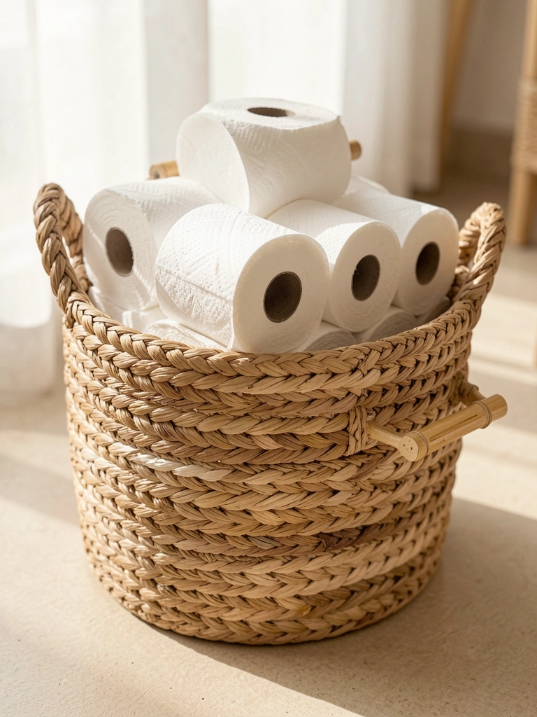 Cesto de vime artesanal com rolos de papel higiênico branco empilhados, alça de bambu e luz natural difusa sobre piso bege.