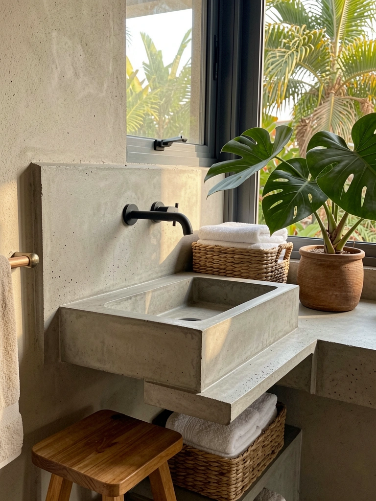Pia de concreto com torneira preta fosca, banco de madeira, cestos de vime e vaso de folhas grandes, luz natural entrando por janela com vista para jardim tropical.