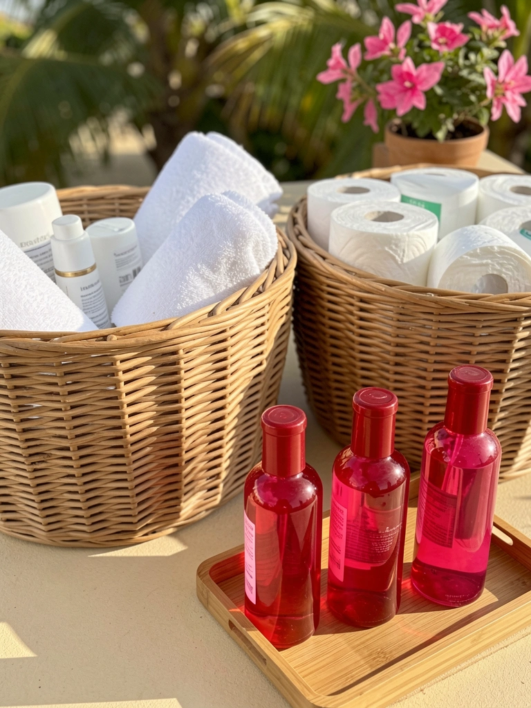 Cestos de vime trançado com toalhas brancas, frascos de vidro vermelho com líquido rosa sobre bandeja de madeira, luz natural quente e folhagem ao fundo.