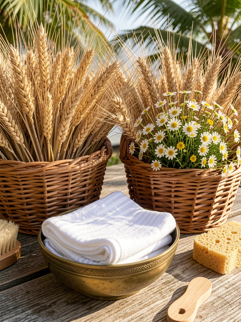 Cestos de vime com trigo e gramíneas secas sobre mesa rústica de madeira, ao lado de tigela de latão com linho listrado e buquê silvestre.