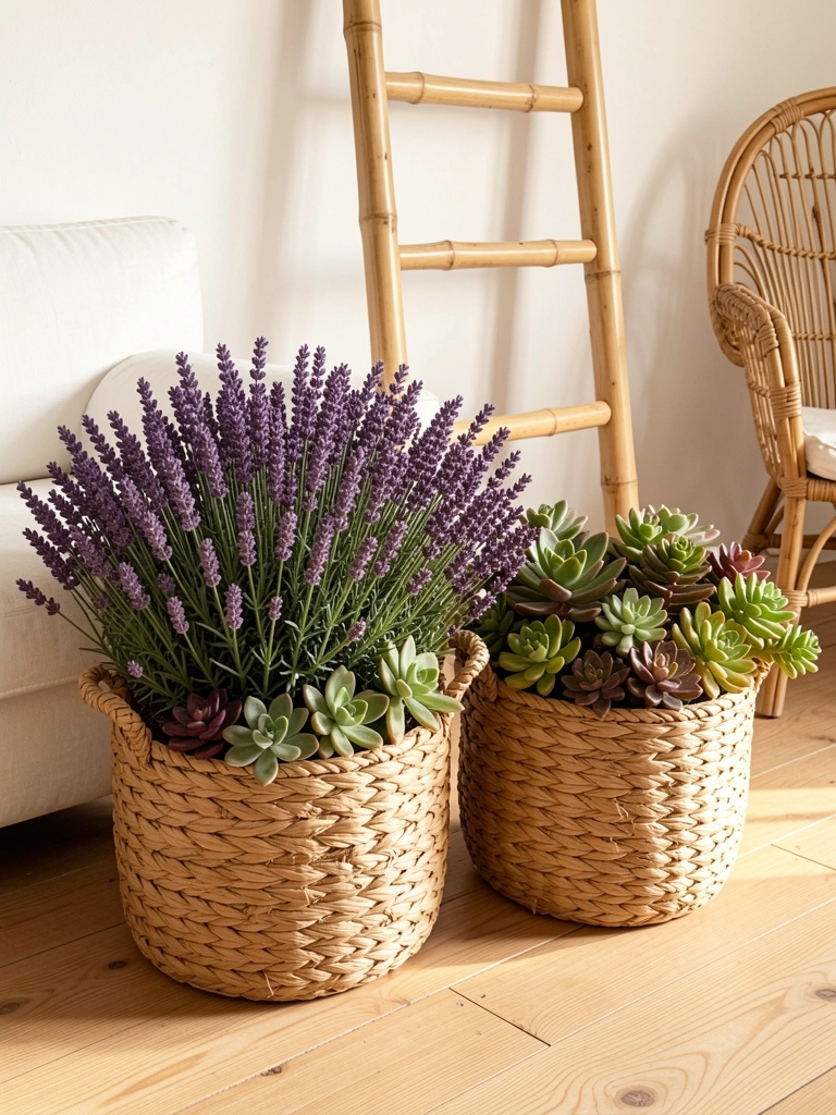 Cestos de palha entrelaçados com lavandas roxas e suculentas verdes, escada de bambu encostada na parede branca, luz natural suave.