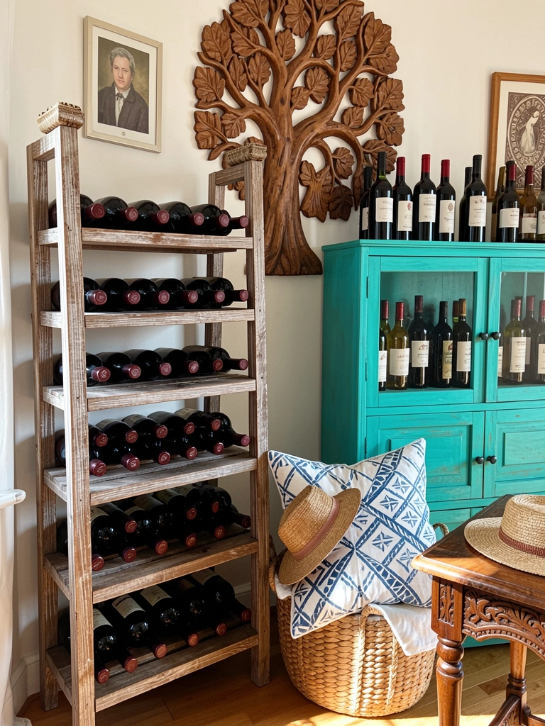 Prateleira de vinhos rústica de madeira com garrafas escuras ao lado de armário turquesa, parede com árvore da vida esculpida, almofada geométrica sobre cesto e chapéu de palha.