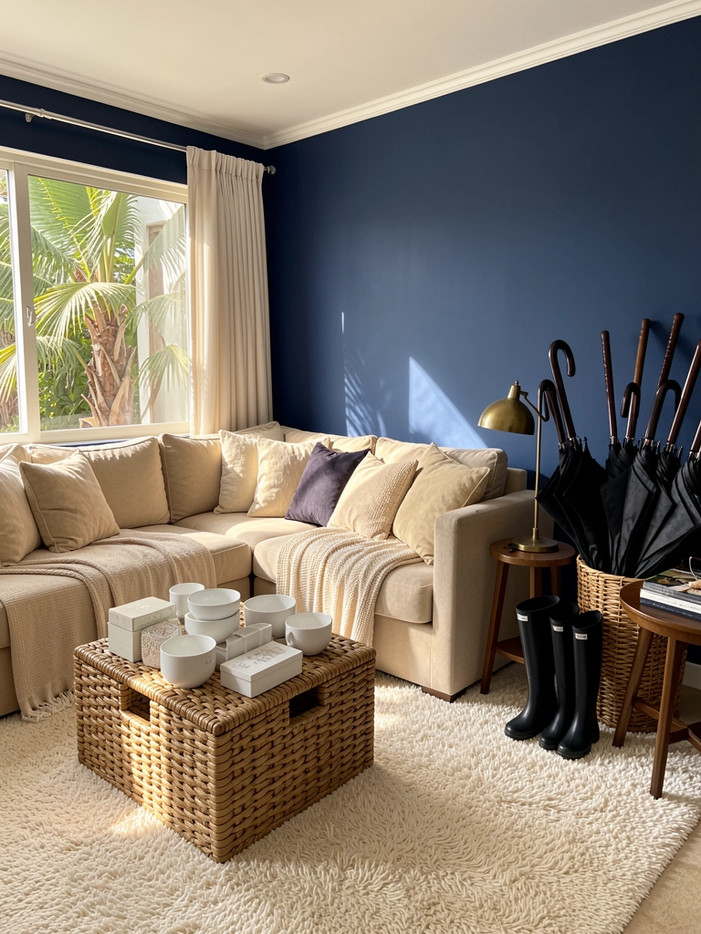 Sofá beige com almofadas, cesto de vime com guarda-chuvas pretos e botas, parede azul-marinho e luz natural filtrada.