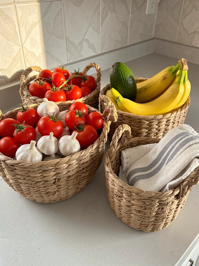 Luz natural incide sobre três cestos de palha trançada com tomates vermelhos, alhos brancos e bananas amarelas, sobre bancada cinza clara com azulejos padronizados.