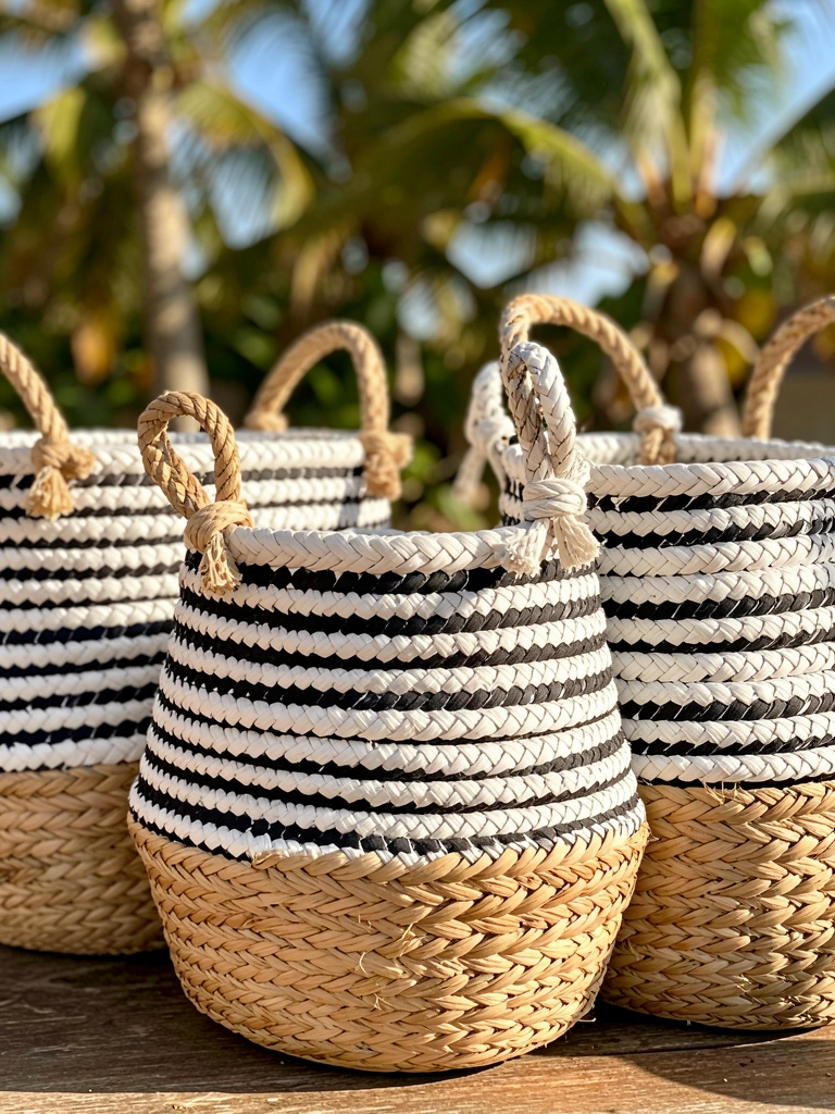 Três cestos de algodão branco com listras pretas e base de junco, amarrados com corda, luz natural e fundo desfocado.